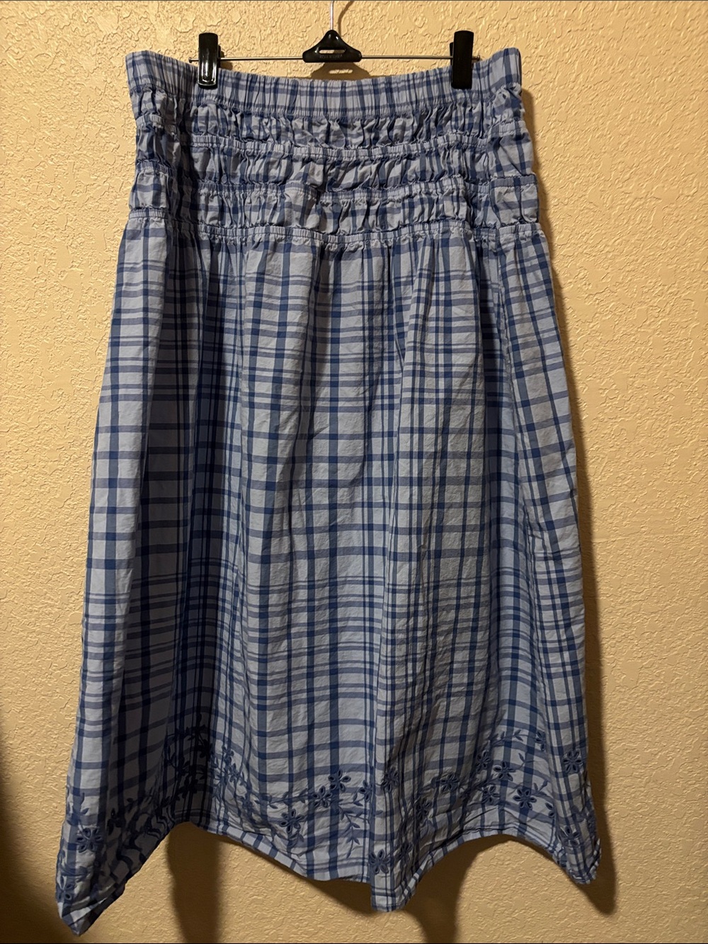 Smocked Waist Blue Plaid Midi Skirt with Embroidered Hem